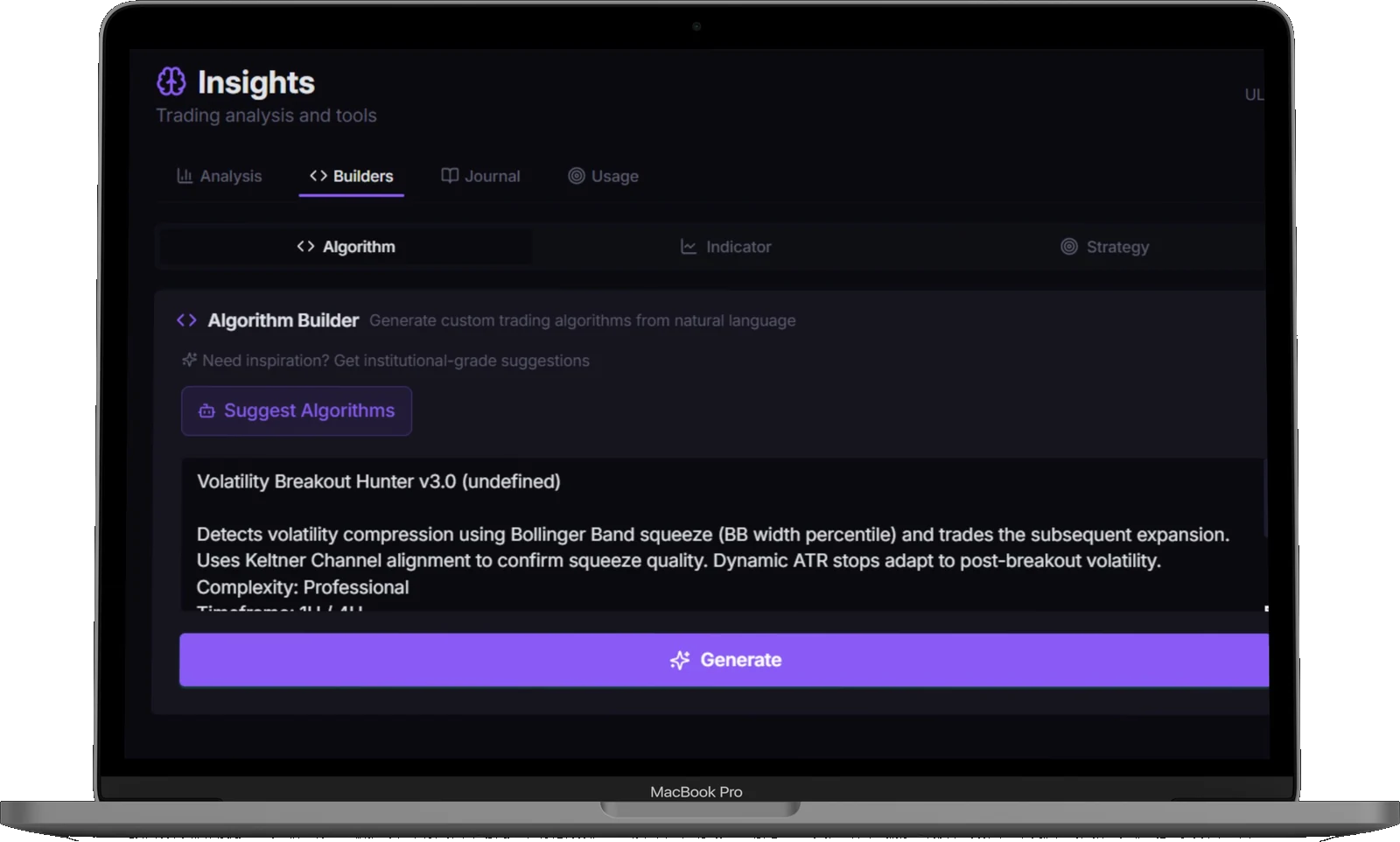Kelix Trade Algorithm Builder — generates custom trading algorithms from natural language, showing Volatility Breakout Hunter v3.0 using Bollinger Band squeeze and Keltner Channel alignment with a Generate button